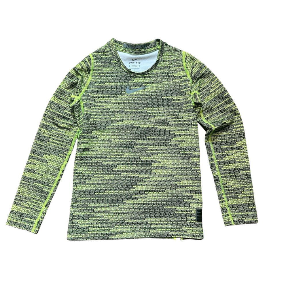 Nike Pro Dri-FIT BOYS' BLACK/VOLT AOP LS TRAINING CREW TOP